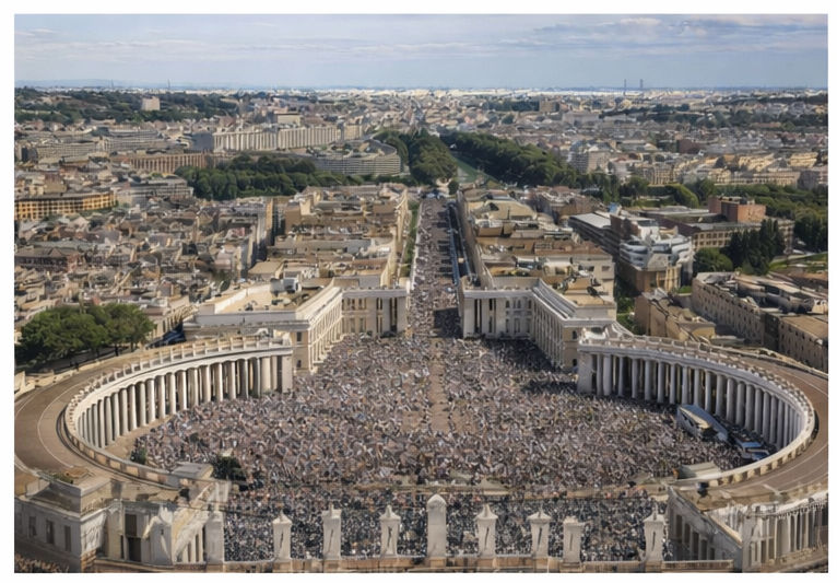 Veduta aerea di Piazza San Pietro durante il Giubileo 2025 con folla di pellegrini