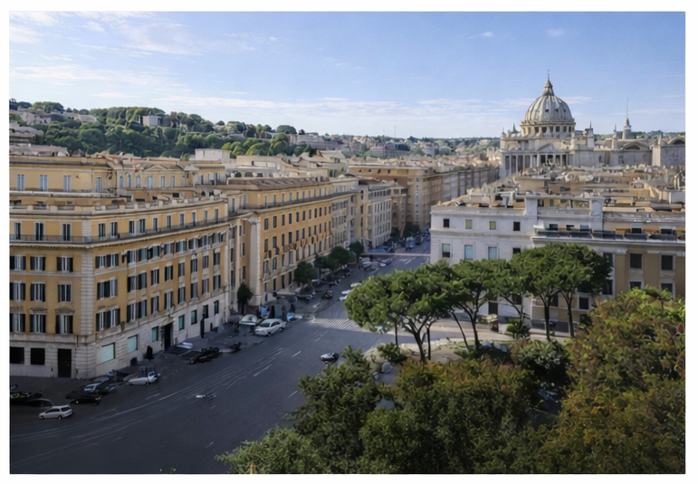 Quartiere Prati Roma con palazzi umbertini e vista su Castel Sant'Angelo