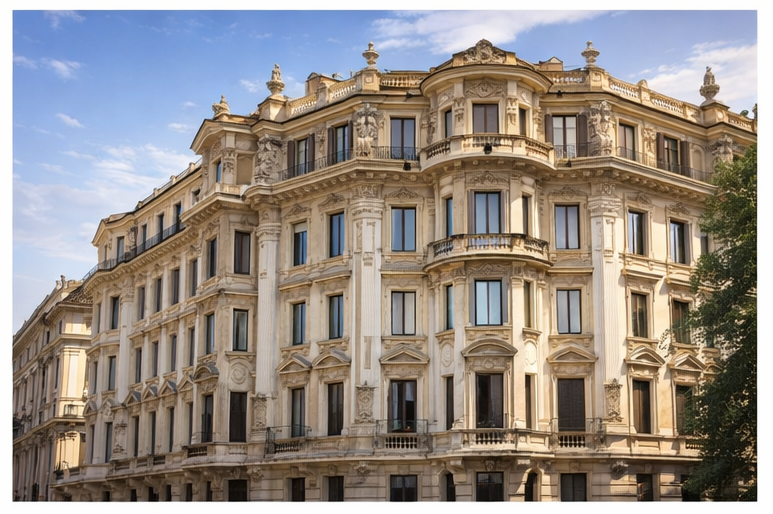 Palazzo storico vincolato nel centro di Roma con facciata d'epoca preservata