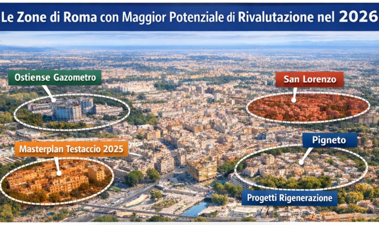 Panoramica aerea delle zone emergenti di Roma nel 2026 Ostiense, Testaccio, San Lorenzo e Pigneto con evidenziati i principali progetti di riqualificazione urbana
