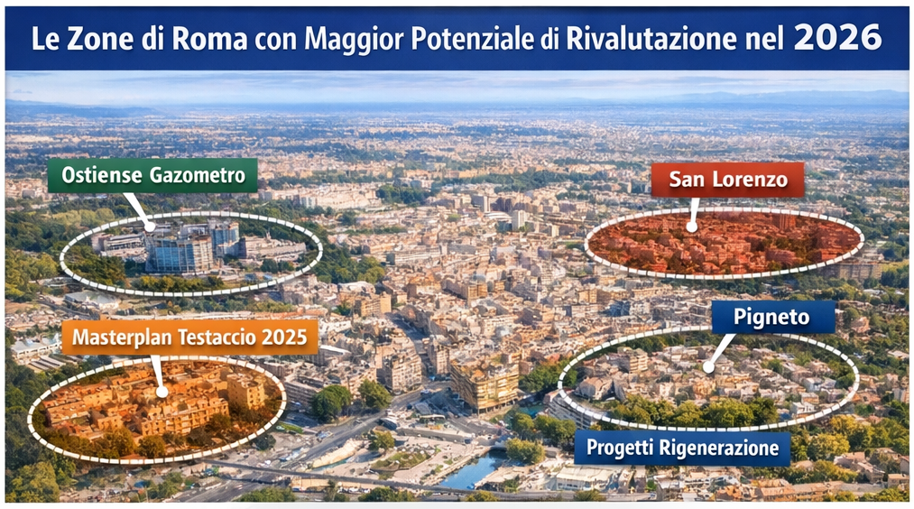 Panoramica aerea delle zone emergenti di Roma nel 2026 Ostiense, Testaccio, San Lorenzo e Pigneto con evidenziati i principali progetti di riqualificazione urbana