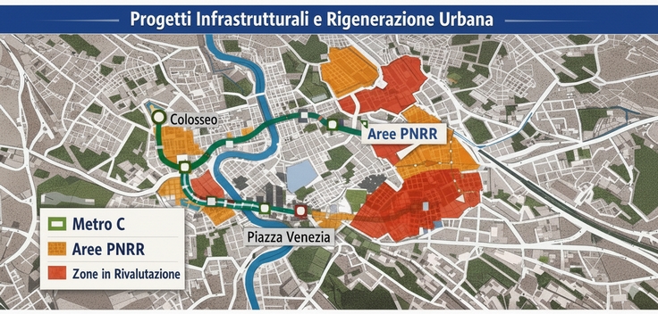 Mappa di Roma con evidenziate le zone in rivalutazione e i principali progetti infrastrutturali Metro C, progetti PNRR e aree di rigenerazione urbana